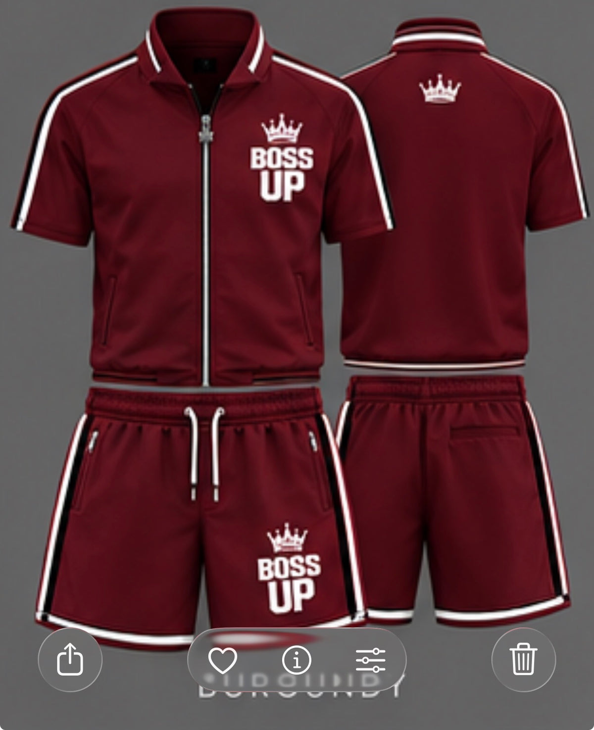 Short-sleeve zip-up top • Matching drawstring shorts • Zippered pockets • Contrast trim • Signature Boss Up crown logo • Unisex fit