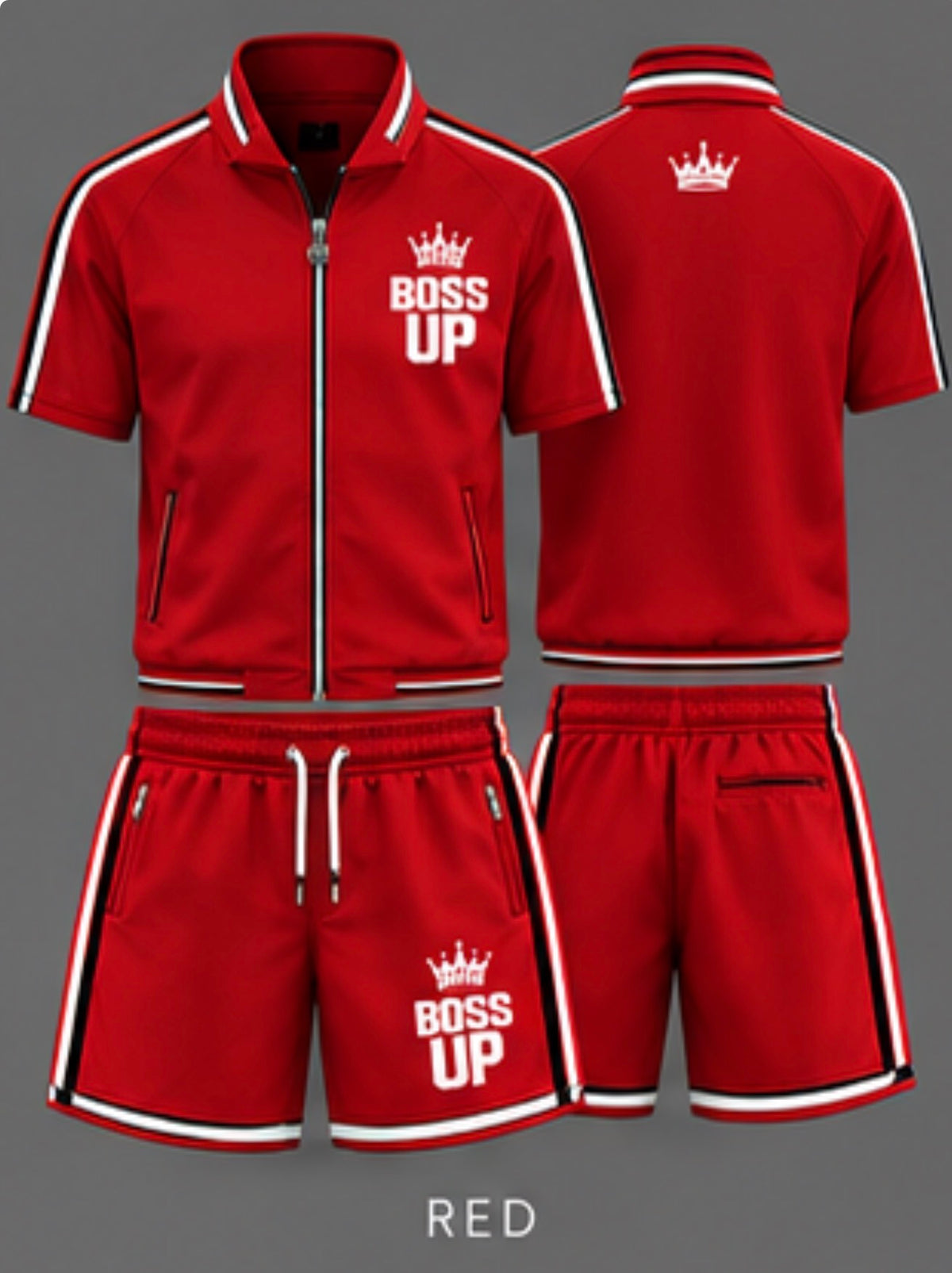 Short-sleeve zip-up top • Matching drawstring shorts • Zippered pockets • Contrast trim • Signature Boss Up crown logo • Unisex fit