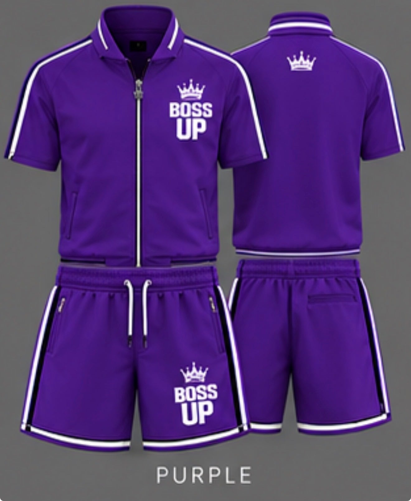 Short-sleeve zip-up top • Matching drawstring shorts • Zippered pockets • Contrast trim • Signature Boss Up crown logo • Unisex fit