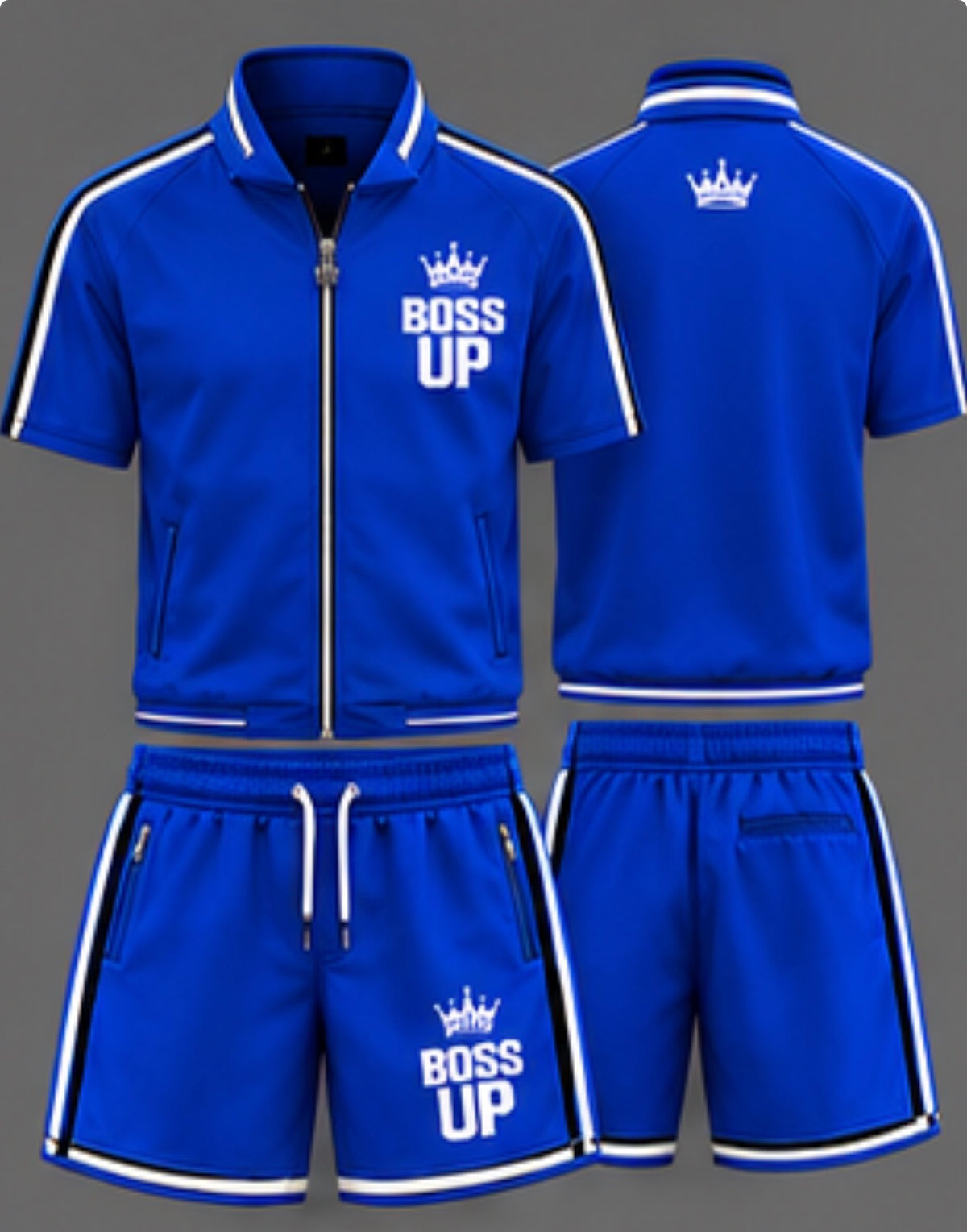 Short-sleeve zip-up top • Matching drawstring shorts • Zippered pockets • Contrast trim • Signature Boss Up crown logo • Unisex fit