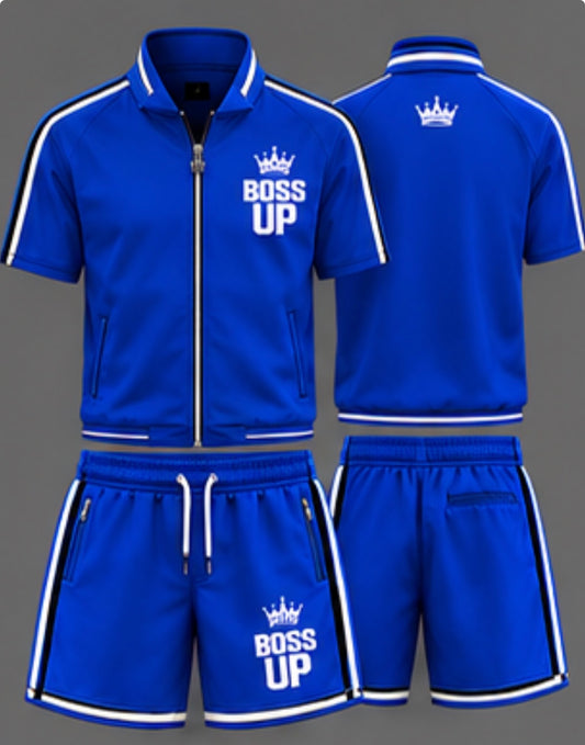 Short-sleeve zip-up top • Matching drawstring shorts • Zippered pockets • Contrast trim • Signature Boss Up crown logo • Unisex fit