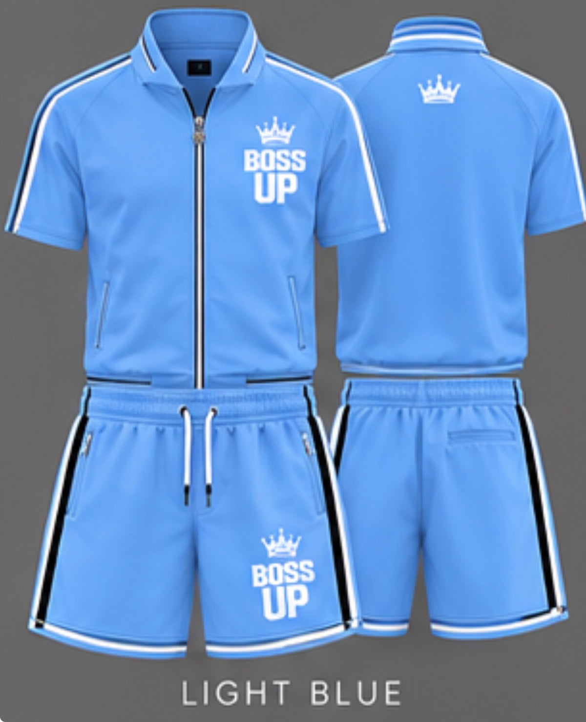 Short-sleeve zip-up top • Matching drawstring shorts • Zippered pockets • Contrast trim • Signature Boss Up crown logo • Unisex fit