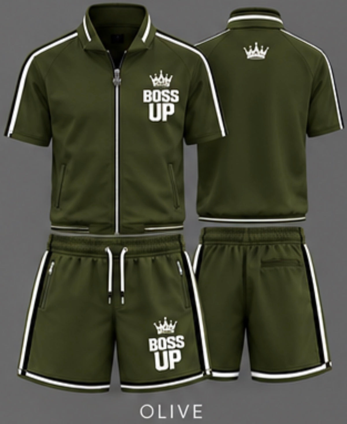Short-sleeve zip-up top • Matching drawstring shorts • Zippered pockets • Contrast trim • Signature Boss Up crown logo • Unisex fit