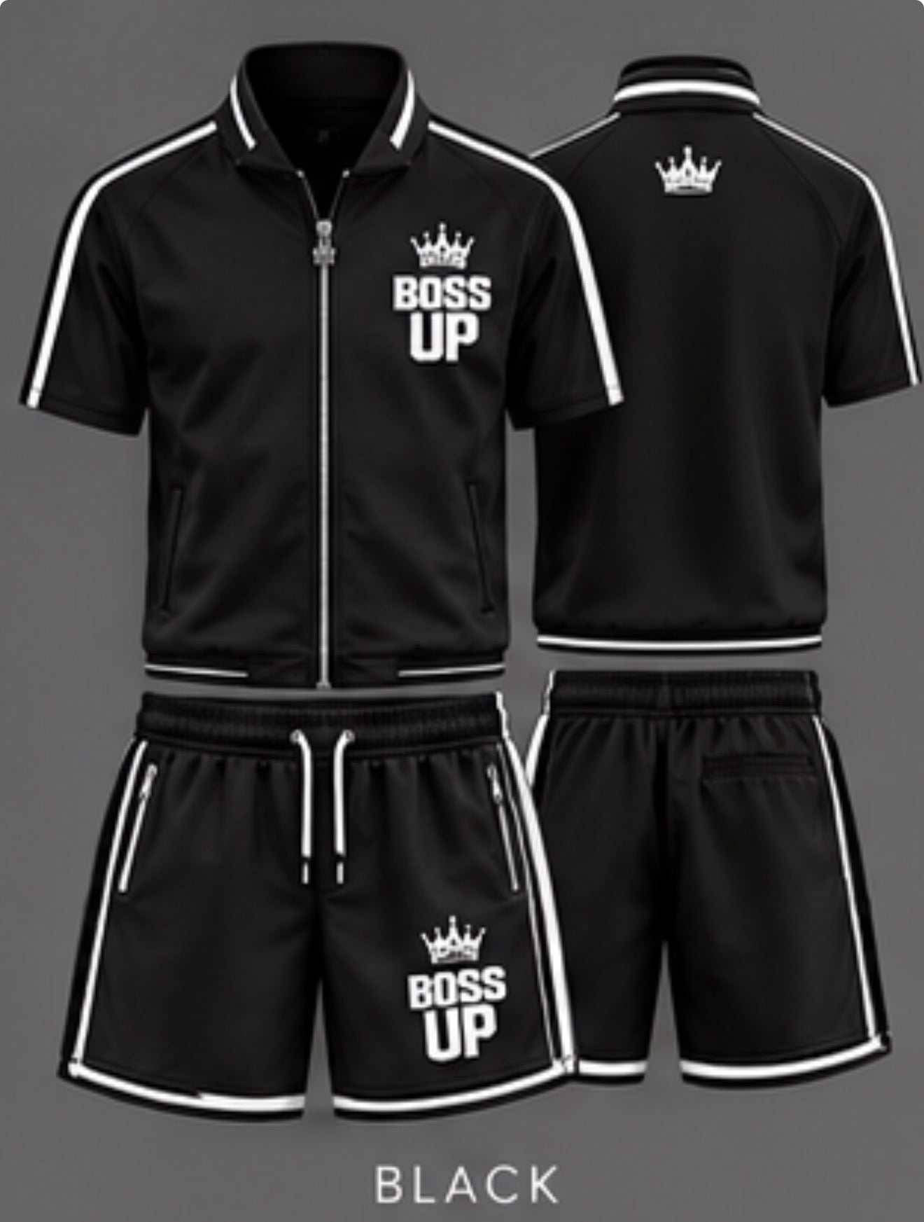 Short-sleeve zip-up top • Matching drawstring shorts • Zippered pockets • Contrast trim • Signature Boss Up crown logo • Unisex fit