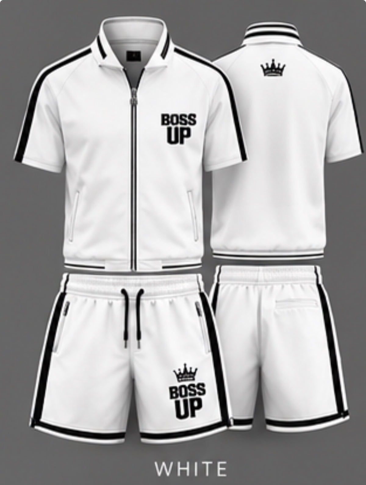 Short-sleeve zip-up top • Matching drawstring shorts • Zippered pockets • Contrast trim • Signature Boss Up crown logo • Unisex fit
