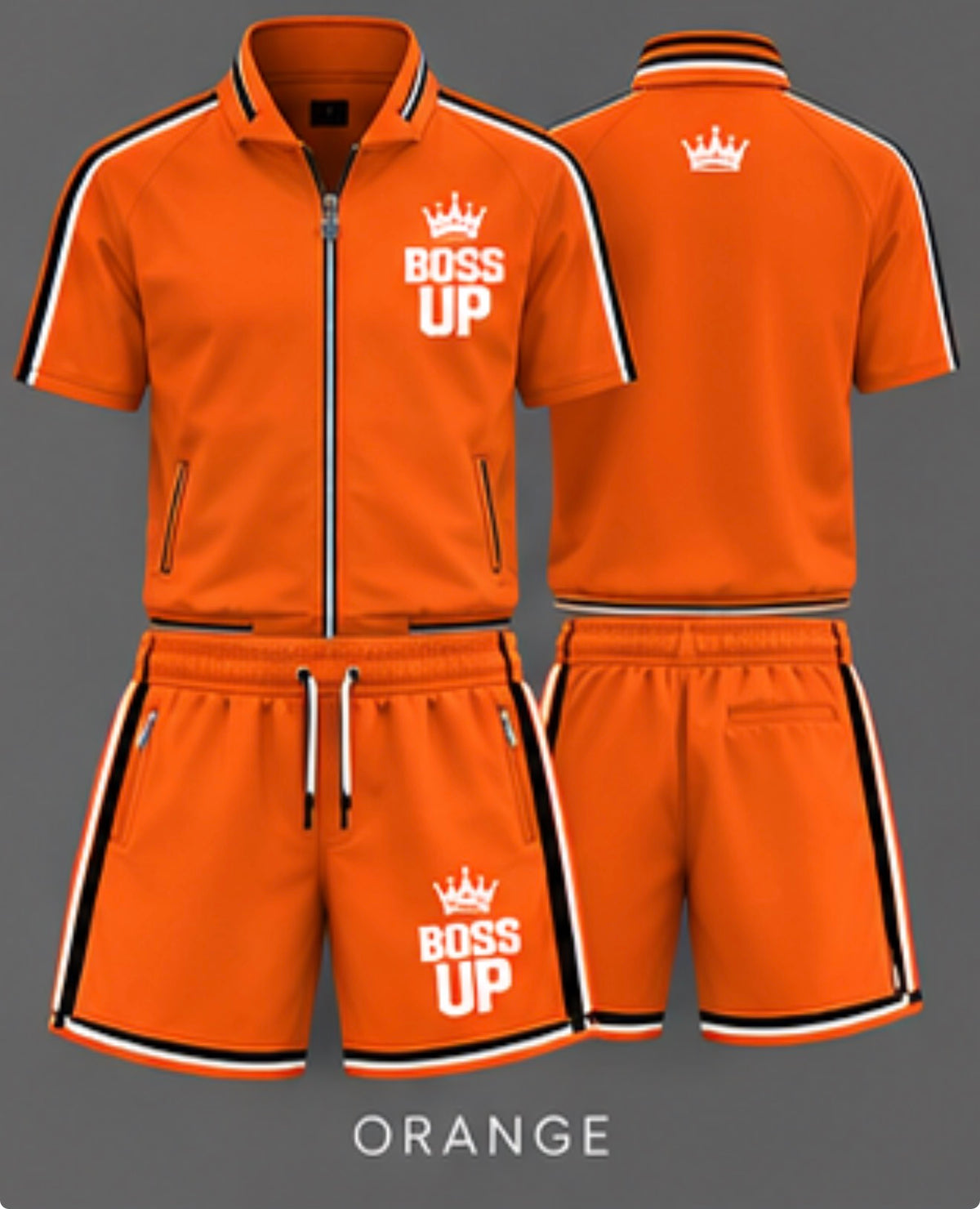 Short-sleeve zip-up top • Matching drawstring shorts • Zippered pockets • Contrast trim • Signature Boss Up crown logo • Unisex fit