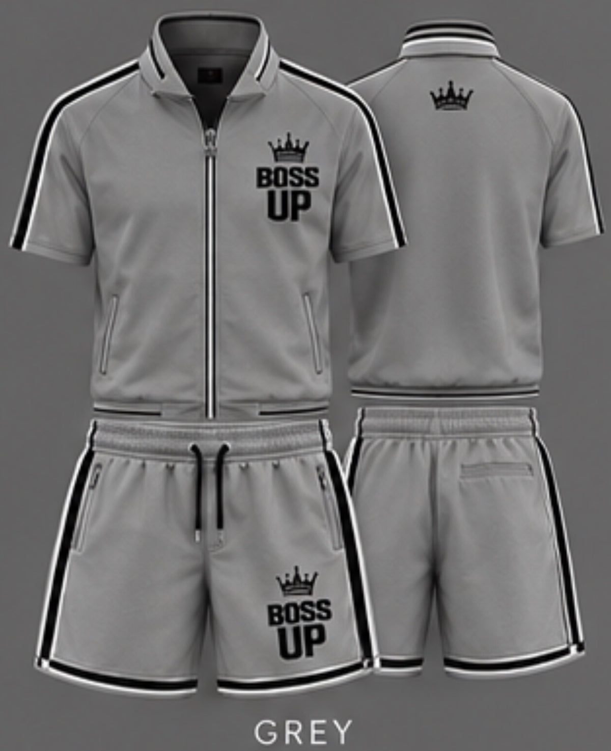 Short-sleeve zip-up top • Matching drawstring shorts • Zippered pockets • Contrast trim • Signature Boss Up crown logo • Unisex fit