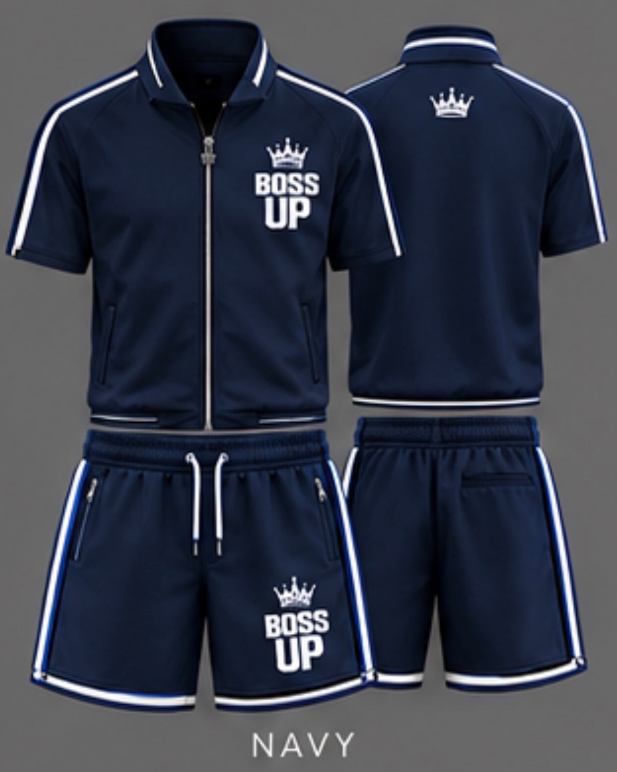 Short-sleeve zip-up top • Matching drawstring shorts • Zippered pockets • Contrast trim • Signature Boss Up crown logo • Unisex fit