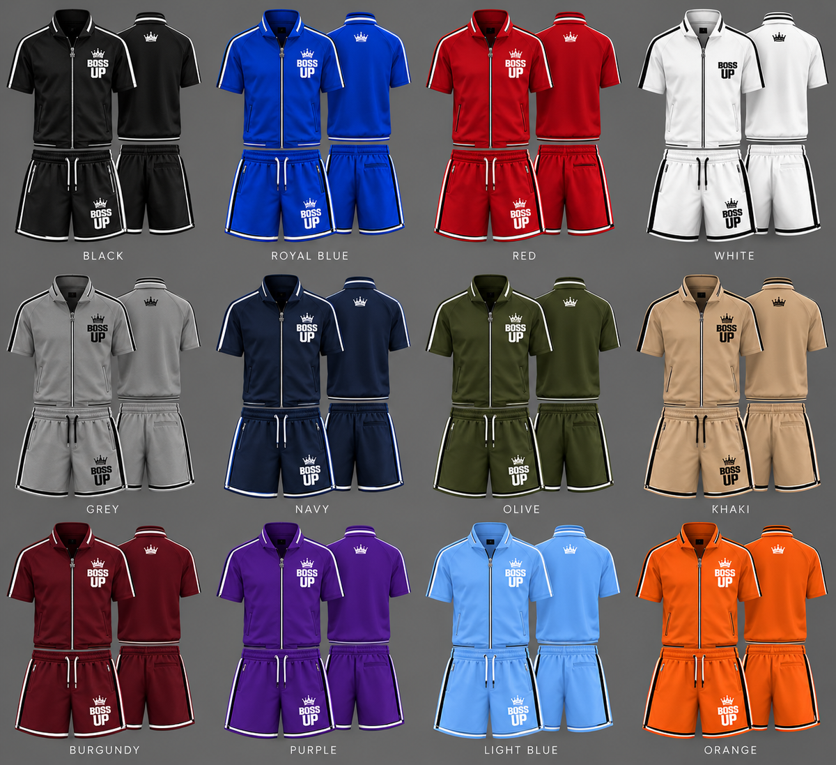 Short-sleeve zip-up top • Matching drawstring shorts • Zippered pockets • Contrast trim • Signature Boss Up crown logo • Unisex fit